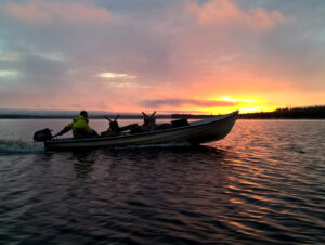 Le soleil de minuit dans le Lac Miekojärvi à Pello en Laponie