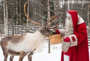 Babbo Natale che nutre le sue renne al Villaggio di Babbo Natale in Lapponia finlandese