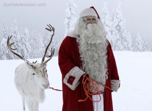 Babbo Natale che cammina nella natura della Lapponia con le sue renne