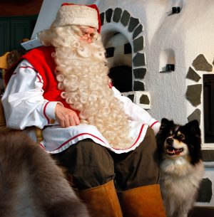 Weihnachtsmann mit seinem Rentierhund in Lappland.